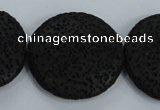 CLV51 15.5 inches 32mm flat round black natural lava beads wholesale