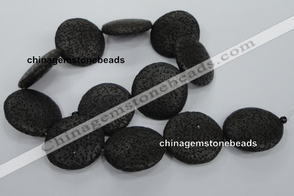 CLV51 15.5 inches 32mm flat round black natural lava beads wholesale