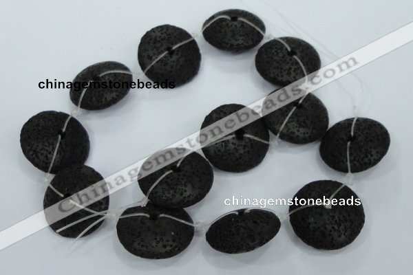 CLV54 15.5  inches 12*26mm flat round black natural lava beads wholesale