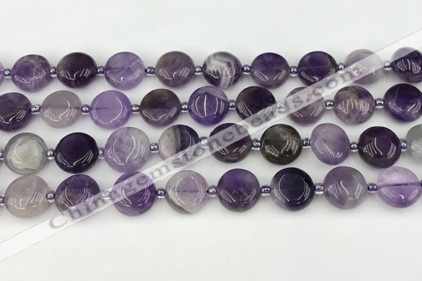 CNA1186 15.5 inches 12mm flat round amethyst beads wholesale