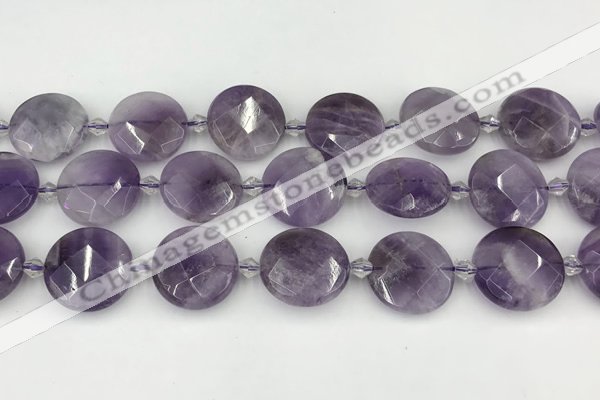 CNA1204 15.5 inches 20mm faceted coin amethyst beads wholesale