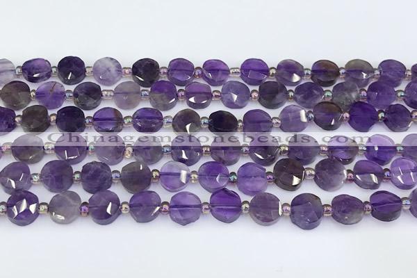 CNA1216 15.5 inches 8mm faceted coin amethyst gemstone beads