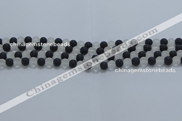 CNC111 15.5 inches 6mm round matte white crystal & black agate beads