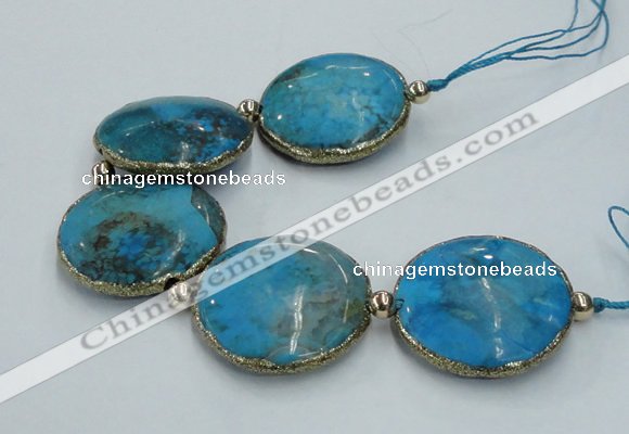 CNG2301 7.5 inches 35mm flat round agate beads with brass setting