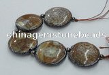 CNG2304 7.5 inches 35mm flat round agate beads with brass setting