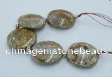 CNG2305 7.5 inches 35mm flat round agate beads with brass setting