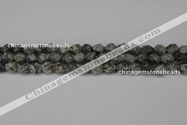 CNG6127 15.5 inches 8mm faceted nuggets grey picture jasper beads