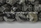 CNG6202 15.5 inches 10mm faceted nuggets grey picture jasper beads