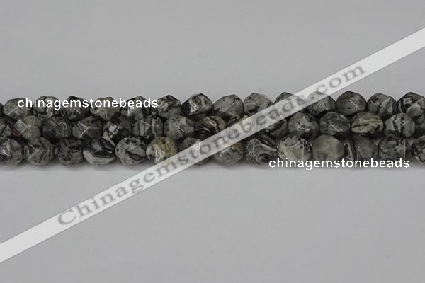 CNG6202 15.5 inches 10mm faceted nuggets grey picture jasper beads