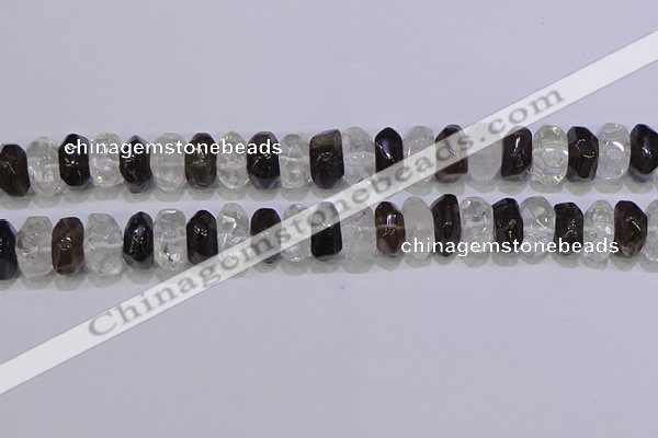CNG6380 6*14mm - 8*14mm nuggets white crystal & smoky quartz beads