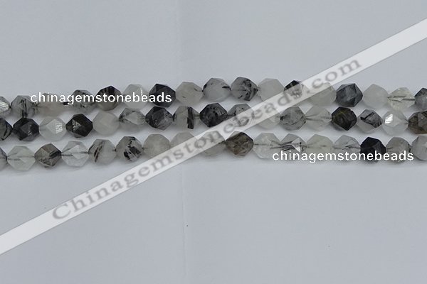 CNG7246 15.5 inches 8mm faceted nuggets black rutilated quartz beads