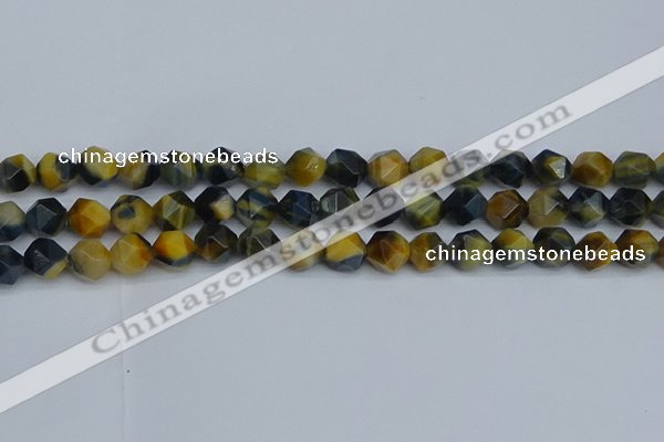 CNG7312 15.5 inches 10mm faceted nuggets golden & blue tiger eye beads