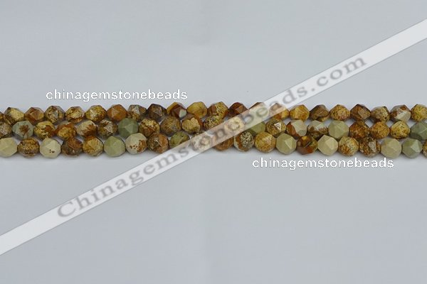 CNG7375 15.5 inches 6mm faceted nuggets picture jasper beads