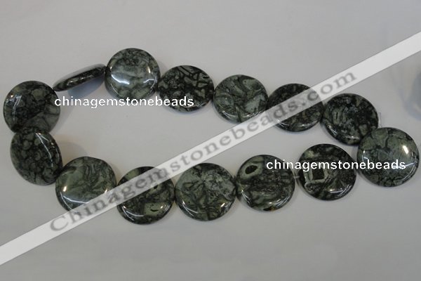 CNS425 15.5 inches 30mm flat round natural serpentine jasper beads