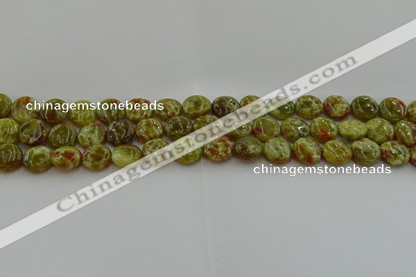 CNS622 15.5 inches 10mm flat round green dragon serpentine jasper beads