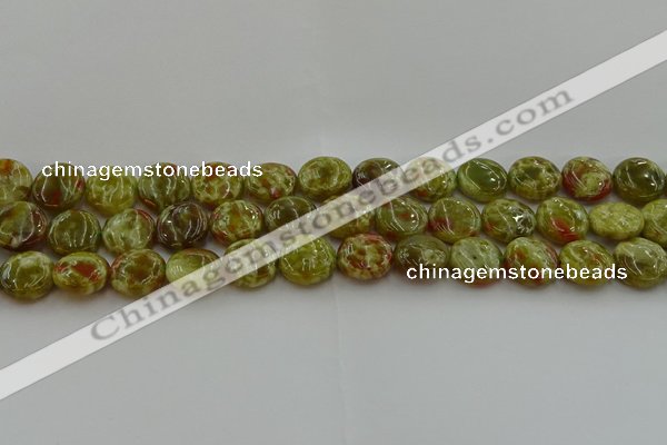 CNS624 15.5 inches 15mm flat round green dragon serpentine jasper beads