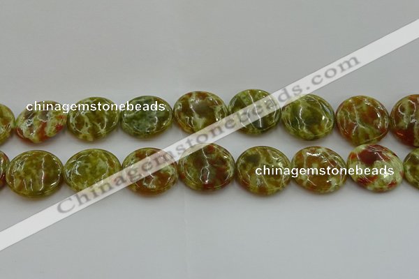 CNS627 15.5 inches 25mm flat round green dragon serpentine jasper beads