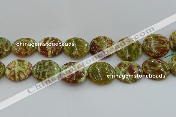 CNS628 15.5 inches 30mm flat round green dragon serpentine jasper beads