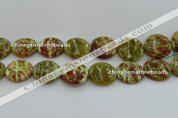 CNS629 15.5 inches 35mm flat round green dragon serpentine jasper beads