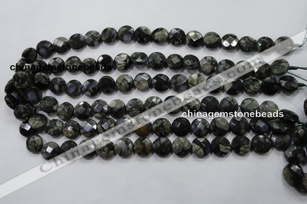 COP481 15.5 inches 12mm faceted coin natural grey opal beads