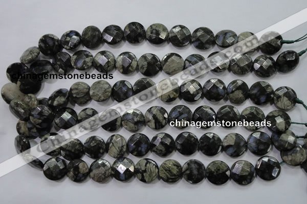 COP482 15.5 inches 15mm faceted coin natural grey opal beads
