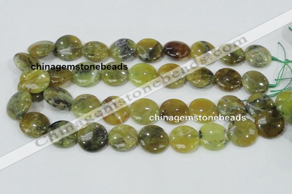 COP553 15.5 inches 20mm flat round yellow & green natural opal beads