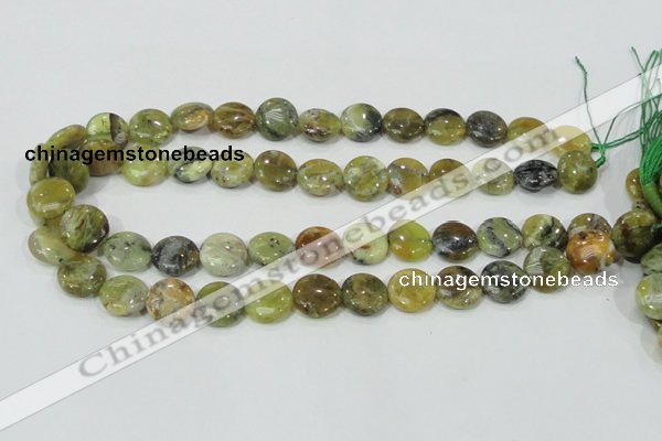 COP557 15.5 inches 14mm flat round natural yellow & green opal beads