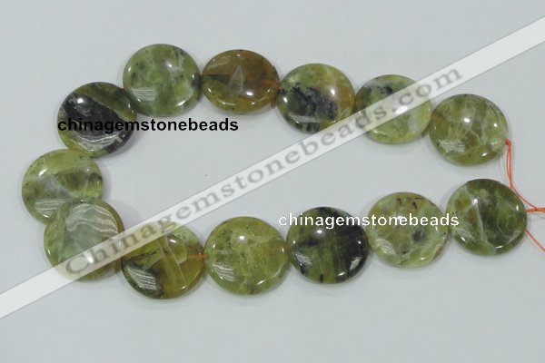 COP559 15.5 inches 30mm flat round natural yellow & green opal beads