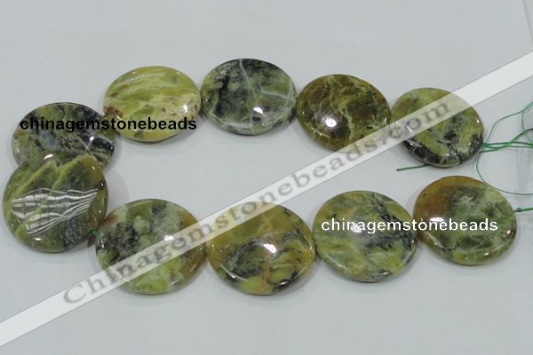 COP560 15.5 inches 40mm flat round natural yellow & green opal beads