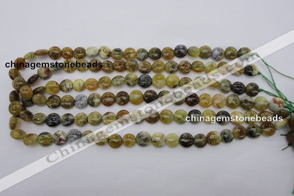 COP567 15.5 inches 10mm flat round natural yellow & green opal beads