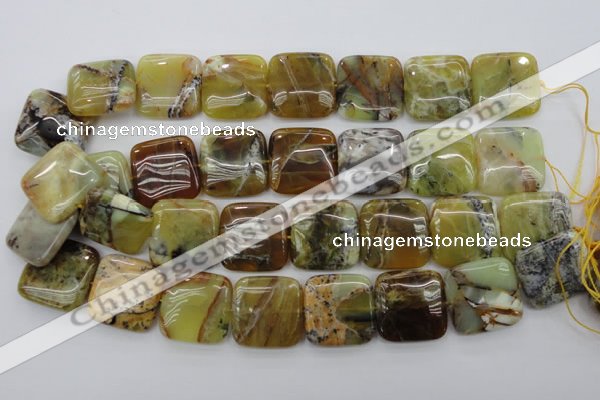 COP581 15.5 inches 25*25mm square natural yellow & green opal beads