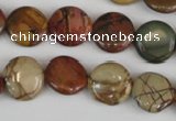 CPJ351 15.5 inches 14mm flat round picasso jasper gemstone beads