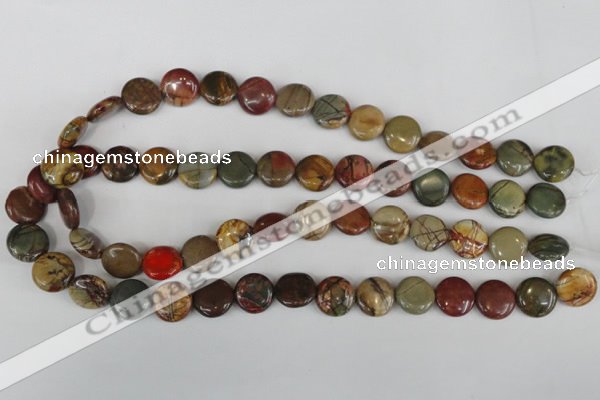 CPJ351 15.5 inches 14mm flat round picasso jasper gemstone beads