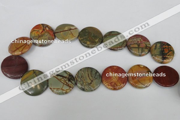 CPJ353 15.5 inches 30mm flat round picasso jasper gemstone beads