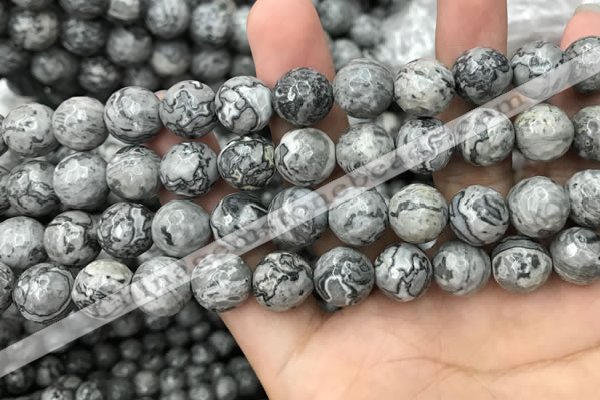 CPJ645 15.5 inches 14mm faceted round grey picture jasper beads