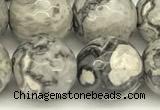 CPJ728 15 inches 12mm faceted round grey picture jasper beads