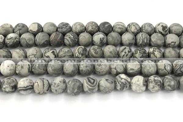 CPJ744 15 inches 12mm round matte grey picture jasper beads