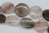 CPQ102 16mm flat round natural pink crystal & smoky quartz beads