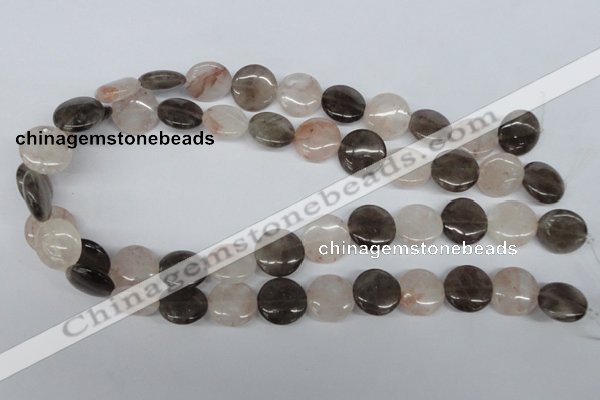 CPQ102 16mm flat round natural pink crystal & smoky quartz beads