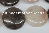 CPQ103 25mm flat round natural pink crystal & smoky quartz beads