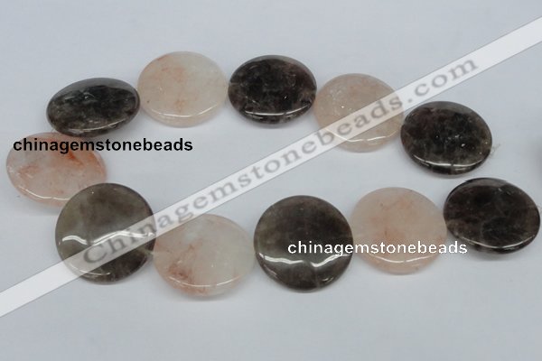 CPQ104 35mm flat round natural pink crystal & smoky quartz beads