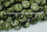 CPS35 15.5 inches 10mm flat round green peacock stone beads