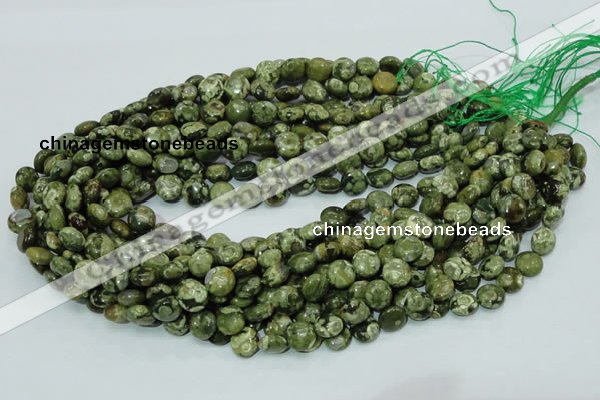 CPS35 15.5 inches 10mm flat round green peacock stone beads