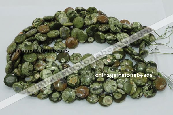 CPS36 15.5 inches 12mm flat round green peacock stone beads