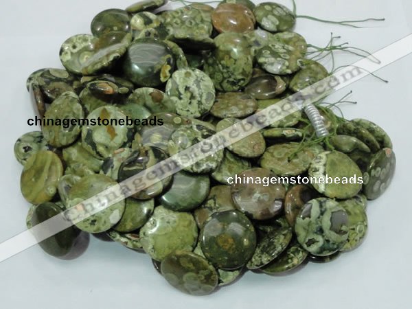 CPS39 15.5 inches 20mm flat round green peacock stone beads