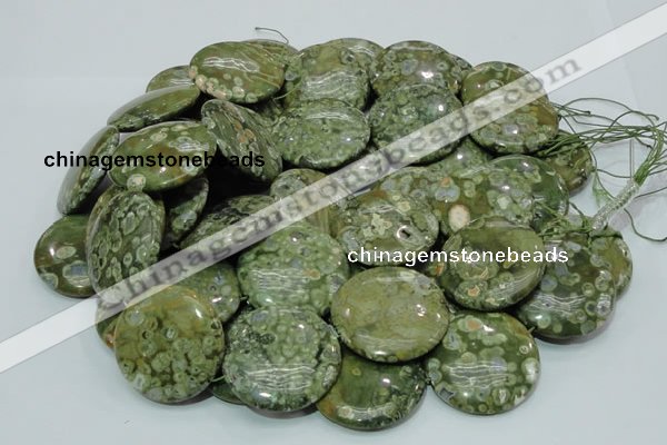 CPS40 15.5 inches 30mm flat round green peacock stone beads