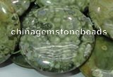 CPS41 15.5 inches 40mm flat round green peacock stone beads