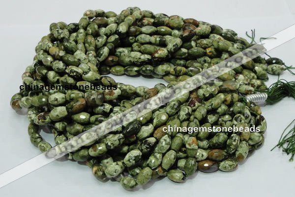 CPS66 15.5 inches 7*11mm faceted rice green peacock stone beads