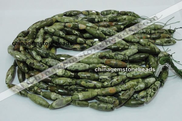 CPS70 15.5 inches 10*30mm faceted rice green peacock stone beads