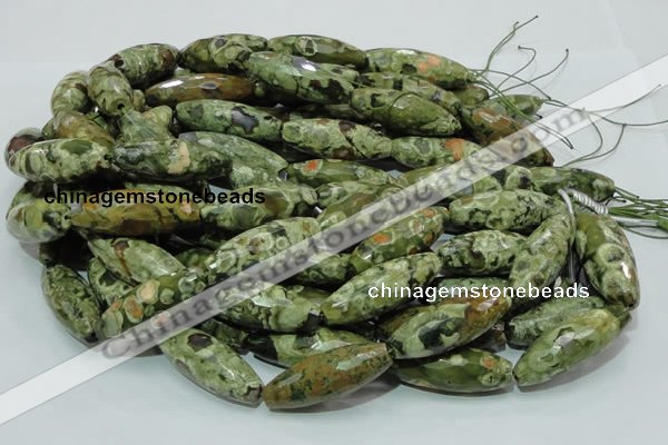 CPS72 15.5 inches 15*40mm faceted rice green peacock stone beads